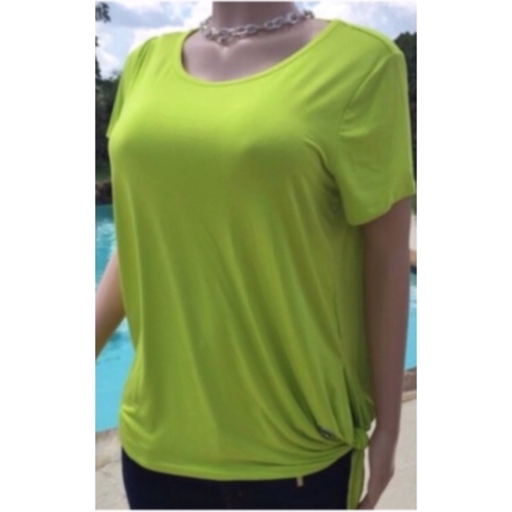 Michael Kors Chartreuse Tie Side Top Size Large Keyhole Back Short Sleeve Blouse - Picture 6 of 9